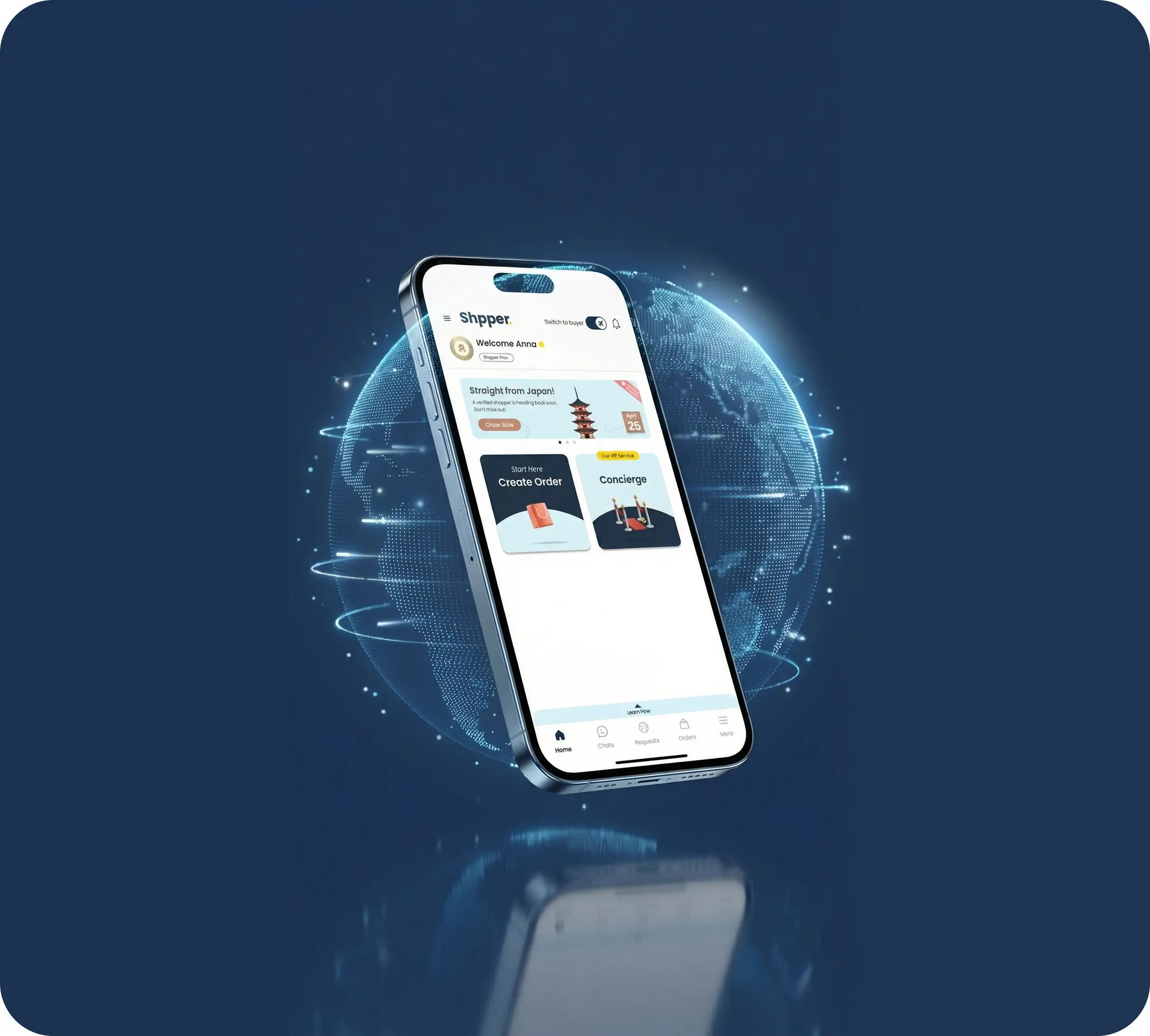 Smartphone with shopping app on a digital globe background.