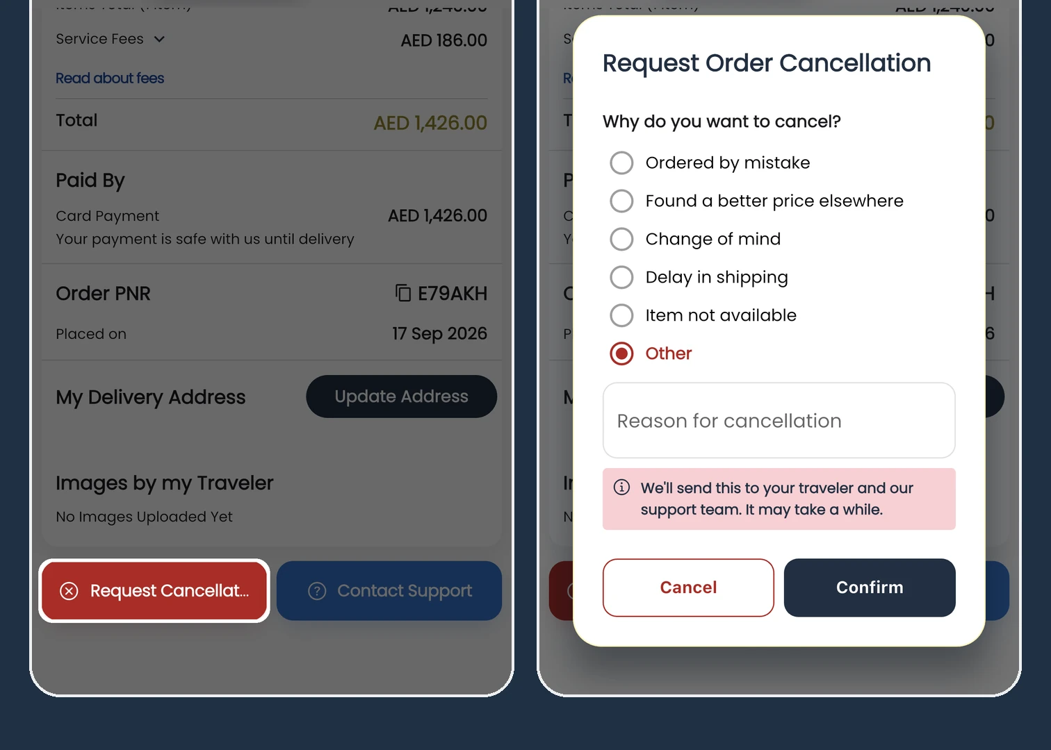 How to request an order cancellation in the Shpper app