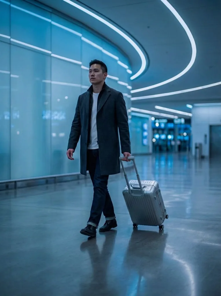 A traveller walking through an airport terminal with a suitcase