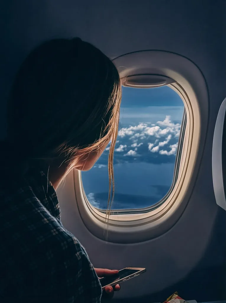 A traveller looking out of a plane window, phone in hand